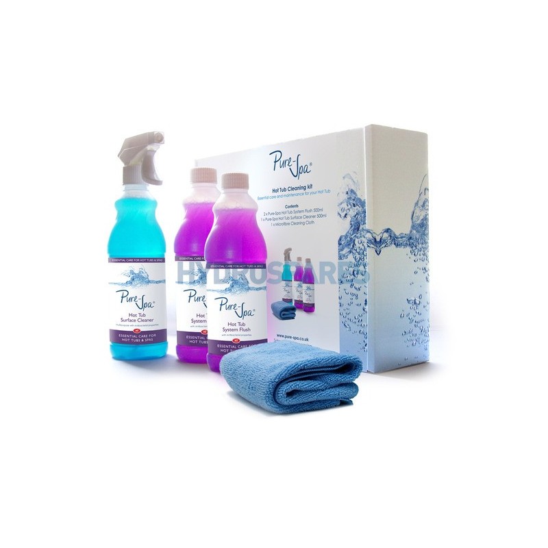 Pure-Spa Hot Tub Cleaning Kit Flush (x2), Surface Spray (x1) + Cloth